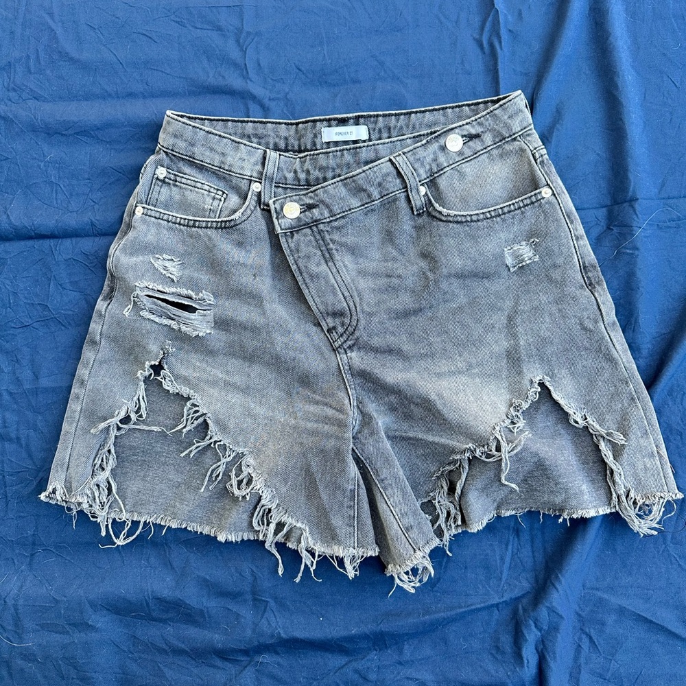 Frayed Hem Jean Shorts - Gray/Stonewash Black